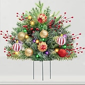 abordables Coronas, Guirnaldas &amp; Adornos-Urna de árbol de Navidad artificial preiluminada, decoración navideña para exteriores con plantas artificiales adornadas con adornos variados y luces LED blancas preinstaladas, decoración navideña con