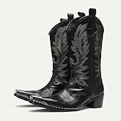 billiga Premium läderstövlar-Svarta westerncowboystövlar för män med broderade löv – höga stövlar i premiumkohud för countrymusikevenemang, rodeos och vintagefester