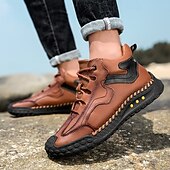 baratos Botas de cano curto-Tênis casual masculino de cano alto em couro sintético marrom com sola de borracha antiderrapante – calçado esportivo confortável com cadarço para caminhadas ao ar livre, viagens e uso diário