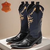 cheap Premium Leather Boots-Men's Navy and Black Cowboy Boots with Gold Embroidery – Elegant Western Boots for Stage Performances, Country Celebrations and Themed Parties