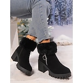 abordables Bottes de neige et d&#039;hiver-Bottines en daim gris pour femme, doublées de fourrure, chaudes, à talon épais et semelle crantée, avec fermeture éclair latérale pour l&#039;hiver