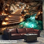 preiswerte Wandteppiche-Extra großer Wandteppich zum Thema Höhlenerkundung mit HD-Untergrund-Stalaktitendecke und türkisfarbener Flusslandschaft als Wandkunst, knitterfreies Polyester-Hängedekor für Wohnzimmer, Schlafzimmer,