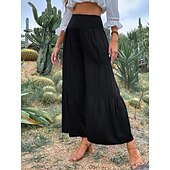 baratos Calça de linho de algodão simples-Mulheres Calças de linho de algodão Perna larga chinês Básico Casual Comprimento total Cintura Alta Tecido Cintura elástica Confortável Macio Com Stretch Ao ar livre Rua Preto Branco Azul Roxo Claro