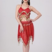 abordables Tenues de danse du ventre-Danse du Ventre Jupes Jeton en cuivre Couleur unie Épissage Femmes Performance Entraînement Sans manches Haut Polyester