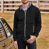 economico felpe con cappuccio da uomo di base-Per uomo Felpa con cappuccio Felpa con cappuccio a zip intera Nero Vino Marrone Grigio chiaro Con Cappuccio Plaid Con zip Tasca Sport &amp; Outdoor Quotidiano Ferie Poliestere Streetwear Essenziale Casual