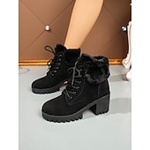 baratos Botas de neve e inverno-Botas femininas pretas de cano curto com cadarço e forro de pele – botas de inverno com salto grosso e sola de borracha para clima frio, uso casual e ao ar livre