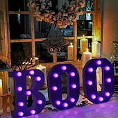 billige Dekorative lys-Halloween-dekorasjoner innendørs - 3 LED-telt med lysende bokstaver, svart boo-skilt, halloween-bokstavlys til hjemmet, innendørs kjøkken, peis, festbord, dekorutstyr