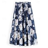 ieftine Fuste de șifon-Pentru femei Fustă Leagăn Modă Casual Maxi Talie Medie Fuste Floral Imprimeu Micro-elastic Vacanță Stradă Negru Roz Îmbujorat Albastru Primăvară Șifon Poliester
