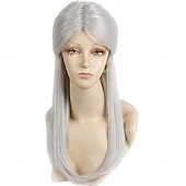 Silvery Gray Cosplay Ciri from Games Long Straight Costume Wigs Synthetic Hair Wig for Women Gray with Bun One Size Geralt3