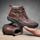 baratos Botas de cano curto-Botas casuais masculinas de couro sintético marrom de cano alto com sola de borracha antiderrapante - calçados duráveis para caminhadas ao ar livre, viagens e uso diário
