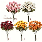 baratos decoração de ação de graças e outono-5 maços de flores artificiais de outono, crisântemos do pôr do sol, flores artificiais de outono para áreas externas com margaridas e eucalipto, plantas de floração plena, resistentes a raios UV, à