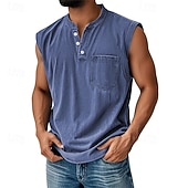 preiswerte Fitness Tank-Tops-Herren Tank Top Weste Top Unterhemd Ärmellos Shirt Baumwolle Ärmellos Henley Sommer Einfarbig Mode Designer Basic Tasche Knöpfe Urlaub Street Ausgehen Schwarz Hellgrün Rosa Top Tee für Männer