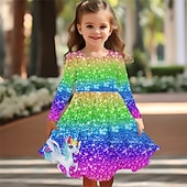 billiga 3D Shining Vision Klänning-Flickor 3D Regnbåge Enhörnings Klänning Långärmad Sommar Vår Semester Dagligen Helgdag Prinsessa Skön Ljuv Barn 4-12 år Vardagsklänning A linjeklänning Knälång Normal