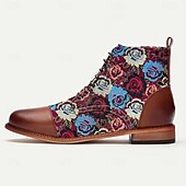 baratos Calçados de Declaração-Botas masculinas de tecido jacquard marrom com cadarço e estampa floral de rosas, sapatos sociais vintage elegantes para festas, casamentos e eventos gatsby