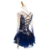 cheap Figure Skating Dresses-Figure Skating Dress Women's Girls' Ice Skating Dress Navy Blue Open Back Asymmetric Hem Mesh High Elasticity Training Competition Skating Wear Classic Crystal / Rhinestone Long Sleeve Ice Skating Figure