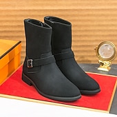cheap Ankle Boots-Men&#039;s Khaki Faux Suede Mid-Calf Boots with Side Buckle Straps, Retro Cowboy Style Boots for Casual Outfits and Party Occasions