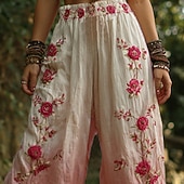 abordables jambe large et taille haute-Femmes Jambe large Pantalons Pantalon palazzo ancien Boho Longueur complète Taille haute Fleur Taille Élastique Impression Respirabilité Confortable Rue Tenue quotidienne Sortir Rose dragée Printemps