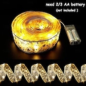 お買い得  木のアクセサリー-クリスマスリボンフェアリーライト 16/33フィート 100個のLEDストリングライト 電池式 2インチゴールドホイルリボン 温白色のきらめきホタルライト付き 室内用 星空 ホリデーデコレーション クリスマスツリー用
