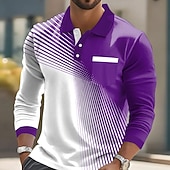 billiga Geometrisk pikétröja för män-Herr Geometrisk Polo Långärmad Polotröjor Kavajslag Ledigt Business Casual Fritids- Dagliga kläder Ficka 3D-utskrift Knappar Vår Höst Svart Rubinrött Blå
