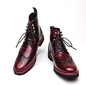 cheap Combat Boots-Men&#039;s Burgundy Faux Leather Combat Boots with Brogue Detailing – Durable Lace-Up Style for Casual Wear, Outdoor Walking, and Fashion Outfits