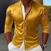 preiswerte Satinhemden für Herren-Herren Hemd Satinhemd Kleidhemd Freizeithemd Knopfhemd Abschlussballhemd Einfach Formell Hochzeit Schwarz Rote Königliches Blau Gold Langarm Stehkragen Ganzjahres Bekleidung Farbblock