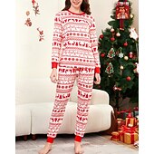 お買い得  親子お揃い服-ファミリールック パジャマ クリスマス柄 家 プリント ルビーレッド 長袖 活発的 マッチング衣装