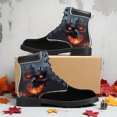 baratos Sapatos para Homens-Botas de combate masculinas com estampa de caveira flamejante – botas de cano curto estilo gótico de Halloween para festas, cosplay e uso ao ar livre