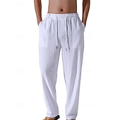 billiga Semester-Herr Linne Byxor Långbyxor Sommarbyxor Strandbyxor Snörning Ficka Elastisk midja Slät Komfort Andningsfunktion Semester Dagligen Helgdag Hawaiisk Boho 다크 카키 Svart