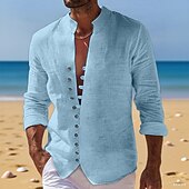 economico Vacanza-Per uomo Camicia Camicia di lino Camicia Estiva Camicia casual Camicia con Bottoni Semplice Vacanza Crociera Nero Bianco Rosa Blu Manica Lunga Colletto alla coreana Estate Primavera &amp; Autunno