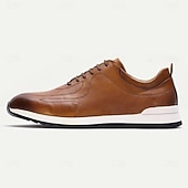 billige Førsteklasses joggesko i skinn-brune herresneakers i skinn – lette sportssko med snøring for hverdagsbruk, reiser og helgetur