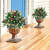 abordables Coronas, Guirnaldas &amp; Adornos-Urna de árbol de Navidad artificial preiluminada, decoración navideña para exteriores con plantas artificiales adornadas con adornos variados y luces LED blancas preinstaladas, decoración navideña con