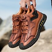 baratos Botas de cano curto-Tênis casual masculino de cano alto em couro sintético marrom com sola de borracha antiderrapante – calçado esportivo confortável com cadarço para caminhadas ao ar livre, viagens e uso diário