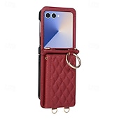 baratos Capa Samsung-telefone Capinha Para Samsung Galaxy Z Flip 7 Z Virar 6 Z Flip 5 Z Flip 4 Capa traseira com cordão Pata de Apoio Slot para cartão Retro TPU Couro PU