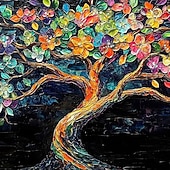 お買い得  木の油絵-手作りのオリジナルのカラフルな咲く木の油絵、キャンバスの壁、抽象的な生命の木の絵画、家の装飾用、枠張り付き/内枠なしの絵画