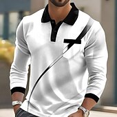 billiga Geometrisk pikétröja för män-Herr Geometrisk Linje Polo Långärmad Polotröjor Kavajslag Business Casual Fritids- Dagliga kläder Ficka 3D-utskrift Knappar Vår Höst Svart Rubinrött Blå