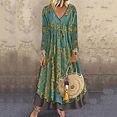 abordables Robes fleuries décontractées-Femmes Robe Longue Maxi Robe Robe Imprimée Mode Classique Moderne Extérieur Vacances Fête Coupe régulière Graphique Fleur manche longue Col en V Jaune Vin Bleu Vert Printemps