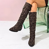 tanie Buty modowe-Damskie buty do kolan z nadrukiem w panterkę – szpiczaste noski, niski obcas, modne buty na jesień i zimę, idealne na co dzień, na ulicę i na imprezę