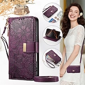 baratos Capas para iPhone-telefone Capinha Para iPhone 16 15 14 Pro Max Plus 16e 13 Pro Max Capa para Cartão Wallet Capa articulada Zíper com cordão com pulseira Árvore flor floral TPU Couro PU
