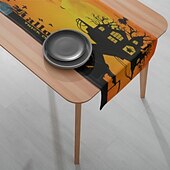 お買い得  ハロウィンキッチン-ハロウィンテーブルランナー - プリント柄の長方形テーブルクロス 33x180cm、レストランの宴会用不気味な装飾 &amp;パーティーダイニング（黒/オレンジ）