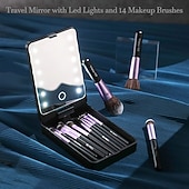 olcso Tárolás és rendszerezés-utazó sminkecset-készlet LED-es lámpával, hordozható kozmetikai tükörrel, kompakt, összecsukható piperetükör világítással, kézi asztali sminkeszközök nőknek és lányoknak