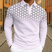 billiga Geometrisk pikétröja för män-Herr Geometrisk Polo Långärmad Polotröjor Kavajslag Business Casual Fritids- Dagliga kläder 3D-utskrift Knappar Vår Höst Vinter Svart Vit Blå