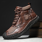 baratos Botas de cano curto-Botas casuais masculinas de couro sintético marrom de cano alto com sola de borracha antiderrapante - calçados duráveis para caminhadas ao ar livre, viagens e uso diário