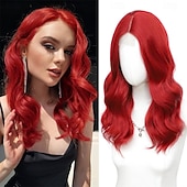 economico Parrucche trendy sintetiche-Parrucche castane con mèches per donna, lunghezza media, riga centrale da 18 pollici, corte, ricce e ondulate, parrucche da donna in capelli sintetici naturali per uso quotidiano per feste/Halloween