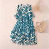abordables Robes Floraux Imprimés-Femmes Robe Midi Robe Décontractée Robe Fleurie Mode Moderne Quotidien Plage Week-end Coupe régulière Fleur Manche 3/4 Col ras du cou Bleu Printemps Automne