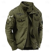 cheap Men&#039;s Graphic Jackets &amp; Coats-Men&#039;s Cotton Embroidered Military Jacket Windbreaker with Shoulder Straps Long Sleeve Standing Collar Multi-Pockets Trucker Jacket US Flag Print Tactical Outerwear