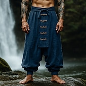 baratos Retrô-Homens Calças de linho Calças Calça verão Calças largas Com Cordão Cintura elástica Botões Tecido Conforto Respirável Comprimento total Ao ar livre Ioga Casual Férias Designer Vermelho Azul Marinha