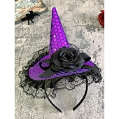 levne Halloweenské doplňky-Dámská halloweenská čelenka s čarodějnickým kloboukem - fialový pavouk a duch, dekorační kostýmní doplněk na párty, cosplay a převlékání