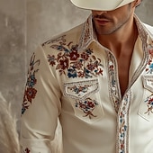 billige vestlige skjorter for menn-Herre 3D-utskrift Blomstermønster Blomster Western skjorte Skjorte med knapper Cowboyskjorte Langermet Vintage retro utendørs Ferie Vår Høst Aftæpning krage skjorter To lommer foran Rosa Beige