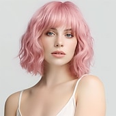 economico Parrucche trendy sintetiche-parrucche corte argentate per donne, parrucca bob ondulata grigia sfumata con frangia, capelli sintetici di media lunghezza, parrucca con radici scure e onde d&#039;acqua, parrucche grigie colorate