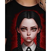 tanie 3D kreskówka dziewczyny-Koszulka z gotycką grafiką Wednesday Addams, słodka, letnia, oddychająca, modna koszulka na Halloween dla dziewczynek